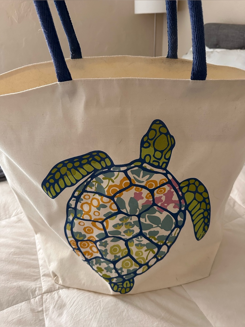 Oversized Canvas Tote Bag with Sea Turtle Print